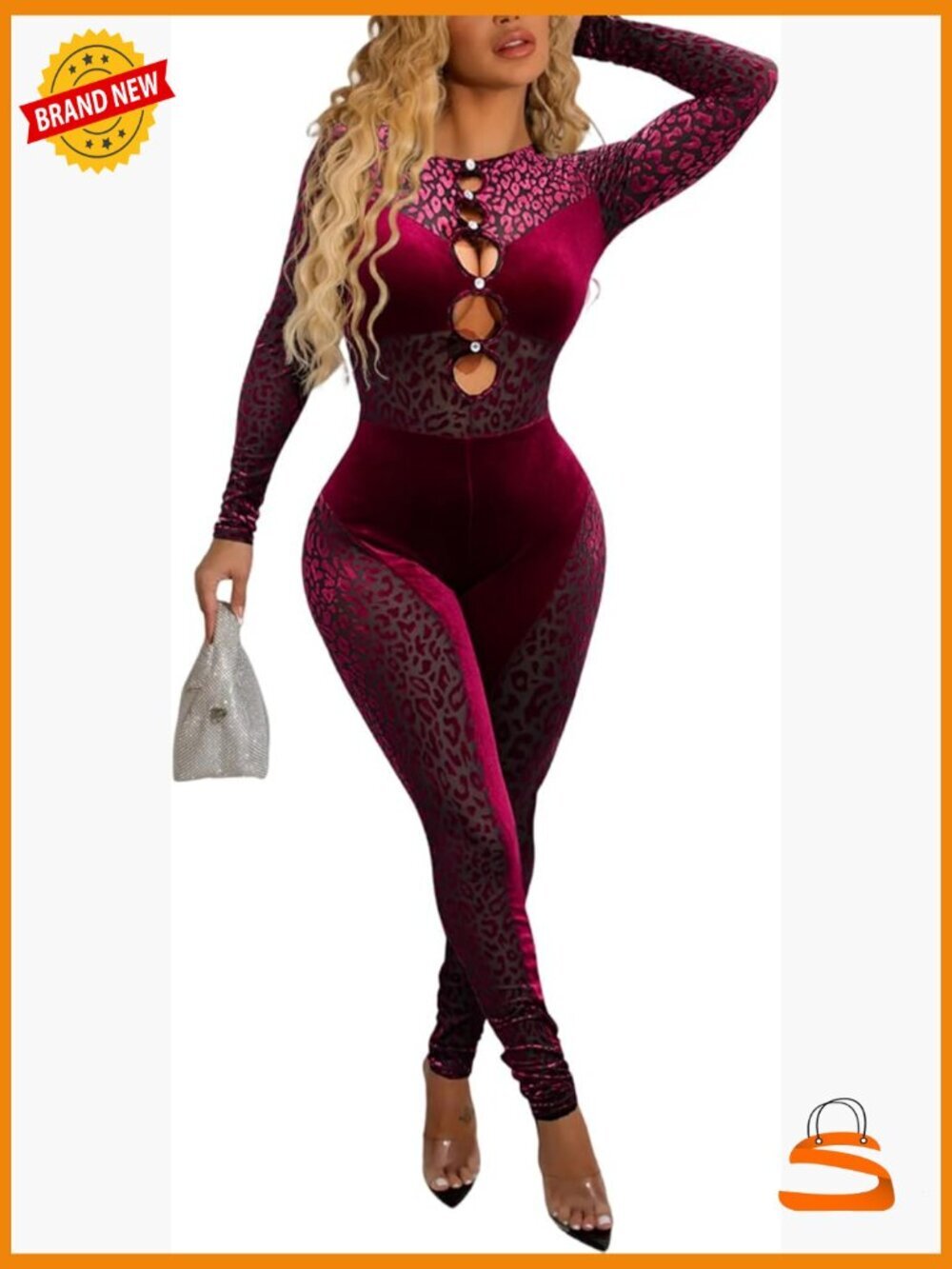 Sexy Mesh Patchwork Long Sleeve Velvet Leopard Bodycon Jumpsuit